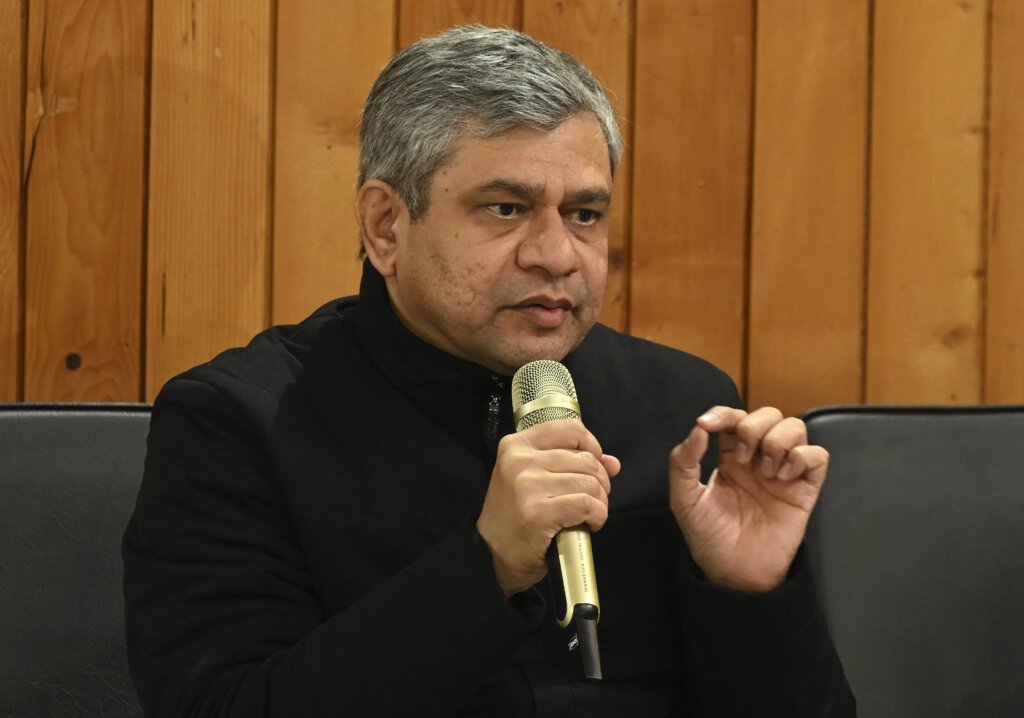 Ashwini Vaishnaw, the Union Cabinet Minister for Railways, Communications, Electronics and Information Technology speaks during a press conference at a railway station in Srinagar on March 25, 2023. (Photo by TAUSEEF MUSTAFA / AFP).
