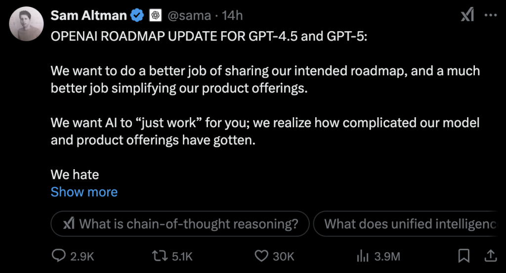 Sam Altman revealed the OpenAI roadmap update for GPT-4.5 and GPT-5 in X.